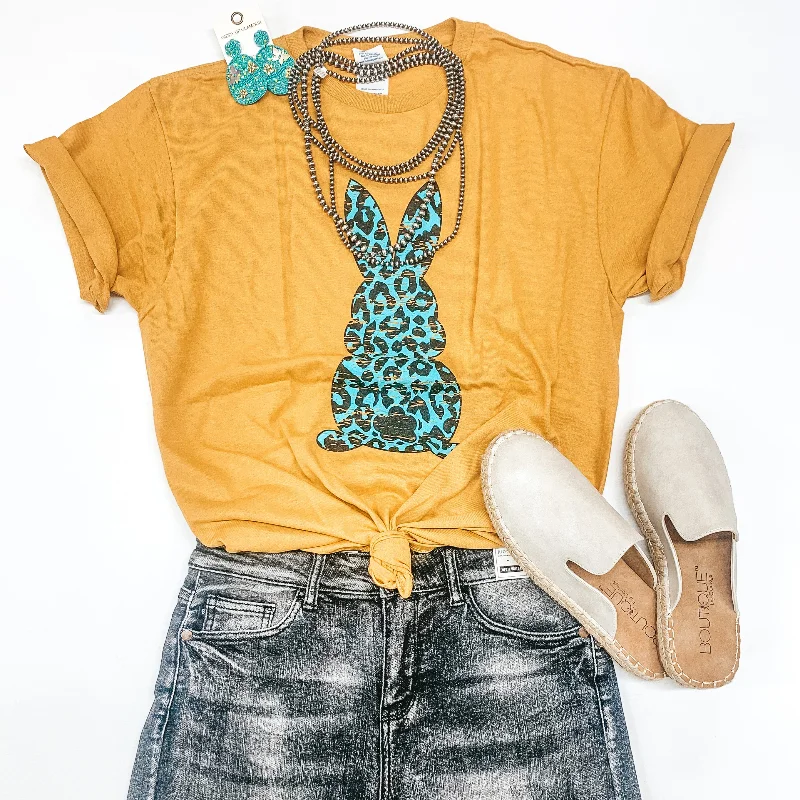 Women's Pearl Detail T-Shirts-Last Chance Size Small | The Bunny Hop Mint Leopard Bunny Short Sleeve Graphic Tee in Mustard