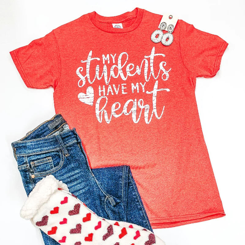 Women's Pocket T-Shirts-My Students Have My Heart Short Sleeve Graphic Tee in Heather Red