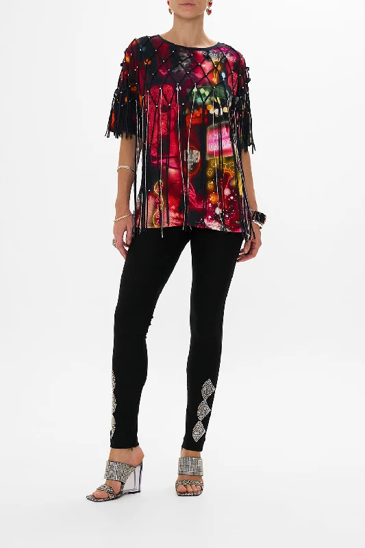 Women's Velvet T-Shirts-OVERSIZED BAND TEE WITH EMBELLISHED OVERLAY ELECTRIC LOVELAND