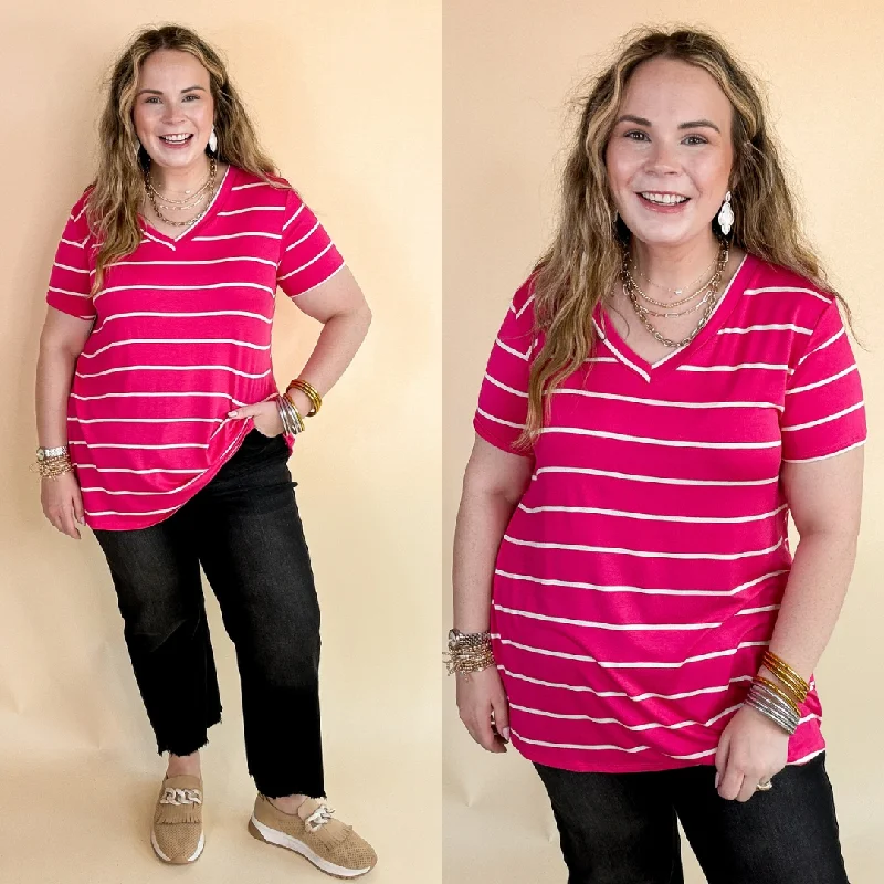 Women's Motivational T-Shirts-Keep Things Casual Striped V Neck Tee in Fuchsia