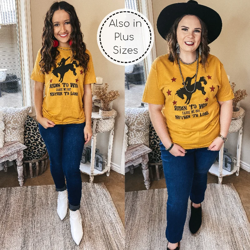 Women's Seamless T-Shirts-Ridin' To Win Bucking Horse Graphic Tee with Red Stars in Mustard Yellow