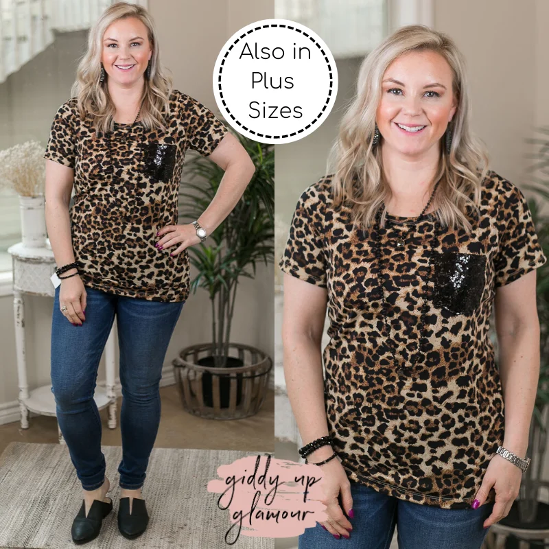 Women's Split Hem T-Shirts-Last Chance Size Medium | Let 'Em Shine Short Sleeve Sequin Pocket Tee in Leopard