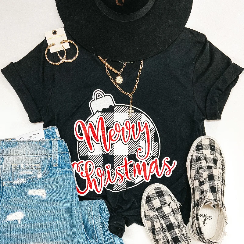 Women's Girlfriend T-Shirts-Last Chance Size Small | Merry Christmas in Buffalo Plaid Ornament Short Sleeve Graphic Tee in Black