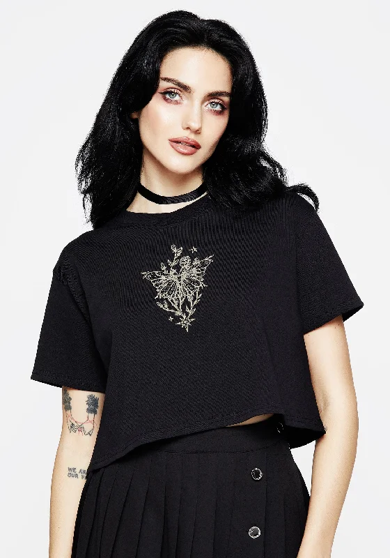 Women's Metallic T-Shirts-Hawkmoth Graphic Print Boxy Crop Tee