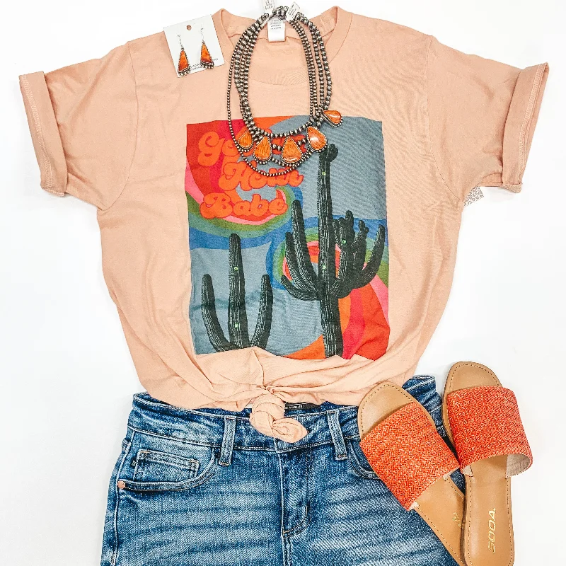 Women's Off Shoulder T-Shirts-Golden Hour Babe Short Sleeve Saguaro Graphic Tee in Peach Pink