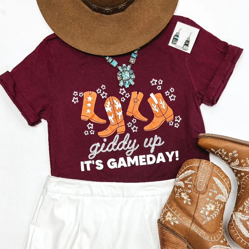 Women's Holiday T-Shirts-Aggie Game Day | Giddy Up It's Gameday Short Sleeve Graphic Tee Shirt in Maroon