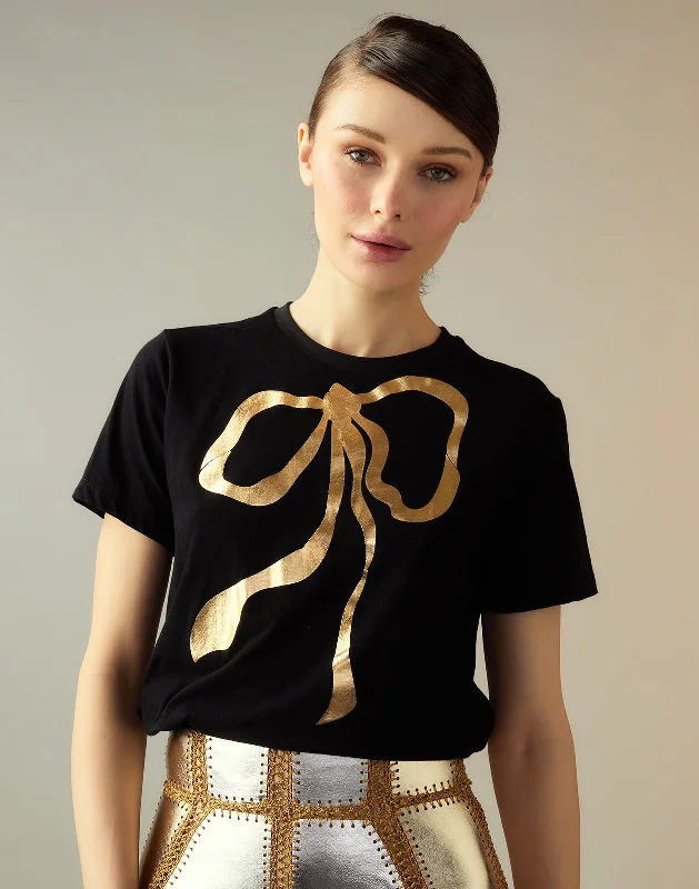 Women's Boxy T-Shirts-Metallic Bow Tee