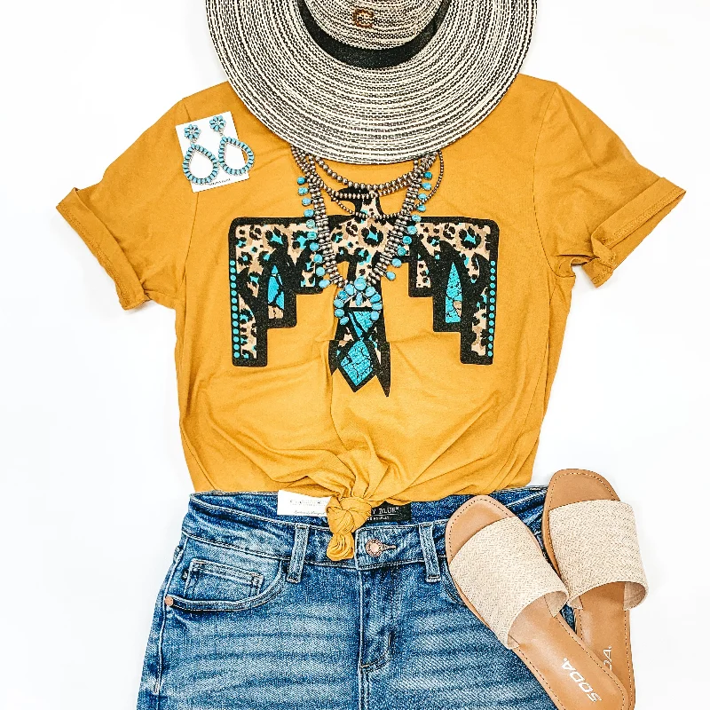 Women's Night Out T-Shirts-Cherokee Hills Turquoise Leopard Thunderbird Short Sleeve Graphic Tee in Mustard Yellow