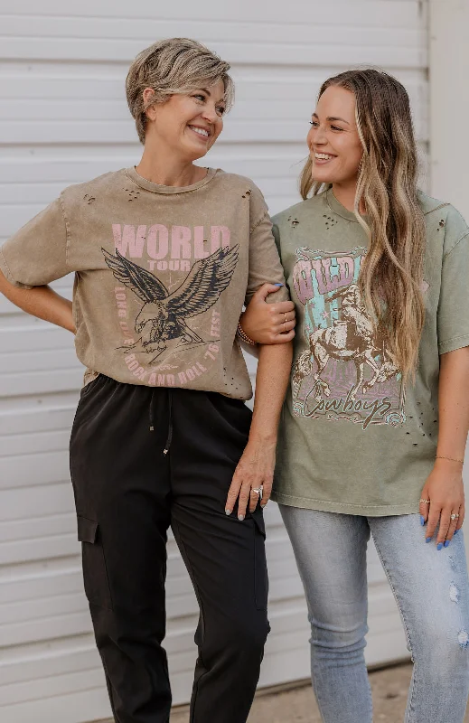 Women's Feather Detail T-Shirts-MICHELLE WORLD TOUR OVERSIZED GRAPHIC TEE