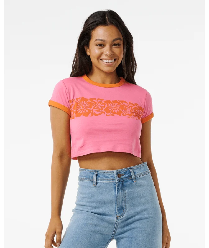 Women's Smocked T-Shirts-Rip Curl Hibiscus Heat Baby Tee-Pink