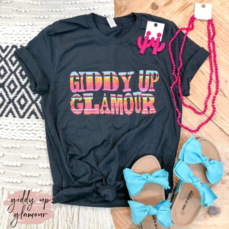 Women's Sleeveless T-Shirts-Giddy Up Glamour Serape Print Graphic Logo Tee Shirt in Black