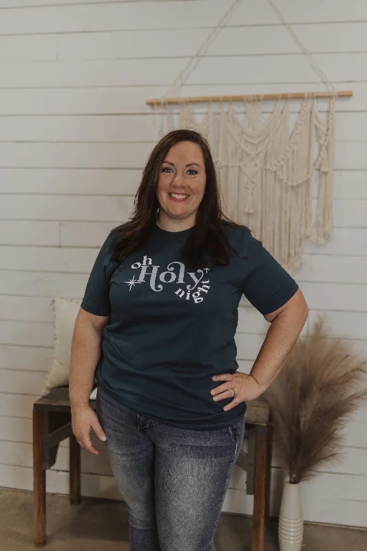 Women's Henley T-Shirts-OH HOLY NIGHT GRAPHIC TEE