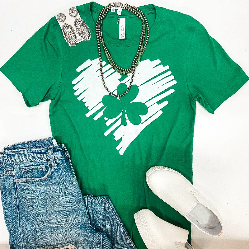 Women's Longline T-Shirts-Sketched Heart with Shamrock Graphic Tee in Green