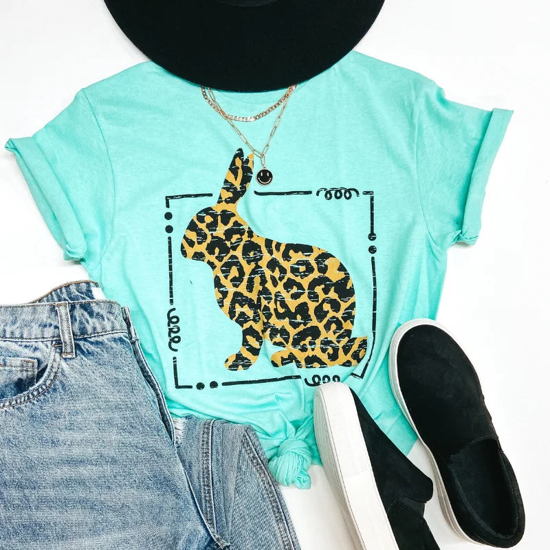 Women's Leopard Print T-Shirts-The Bunny Hop Leopard Print Bunny Easter Graphic Tee in Mint