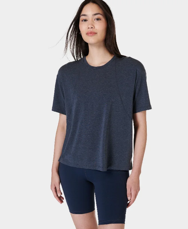 Women's Tie Neck T-Shirts-Soft Flow Studio Tee Sb9667 Navy-Blue