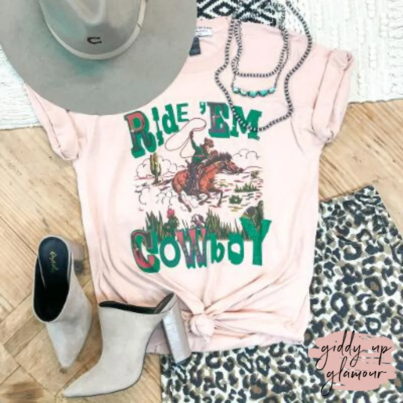 Women's Slub T-Shirts-Ride 'Em Cowboy Western Graphic Tee in Peach