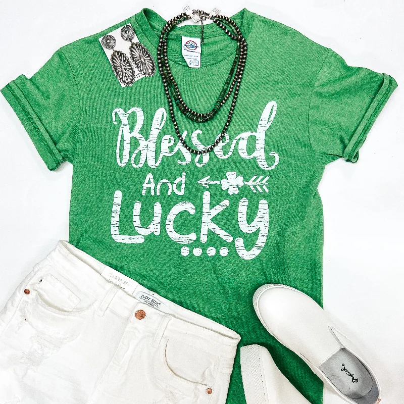 Women's Lounge T-Shirts-Last Chance Size Small | Blessed and Lucky Short Sleeve Graphic Tee in Green