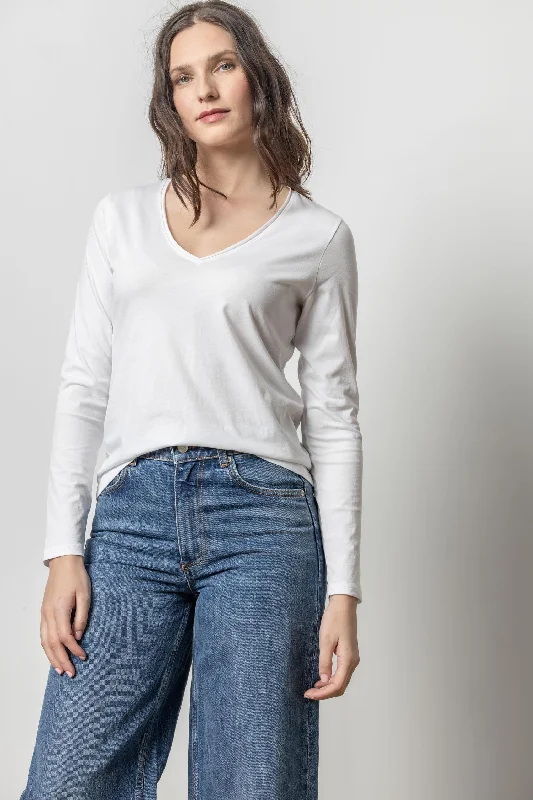 Women's Bell Sleeve T-Shirts-Rolled Edge V-Neck Tee