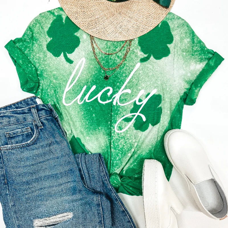 Women's Longline T-Shirts-Lucky Bleach Splatter Shamrock Graphic Tee in Green