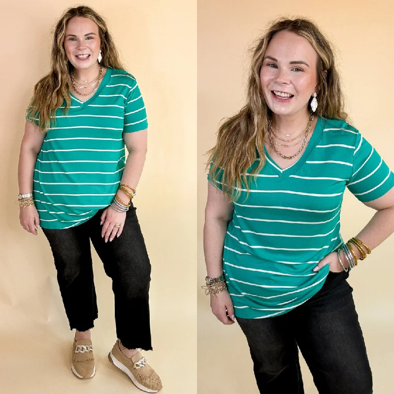 Women's Muscle Fit T-Shirts-Keep Things Casual Striped V Neck Tee in Teal