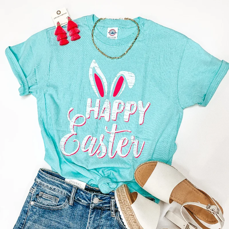 Women's Pajama T-Shirts-Happy Easter Bunny Ears Graphic Tee in Neon Mint