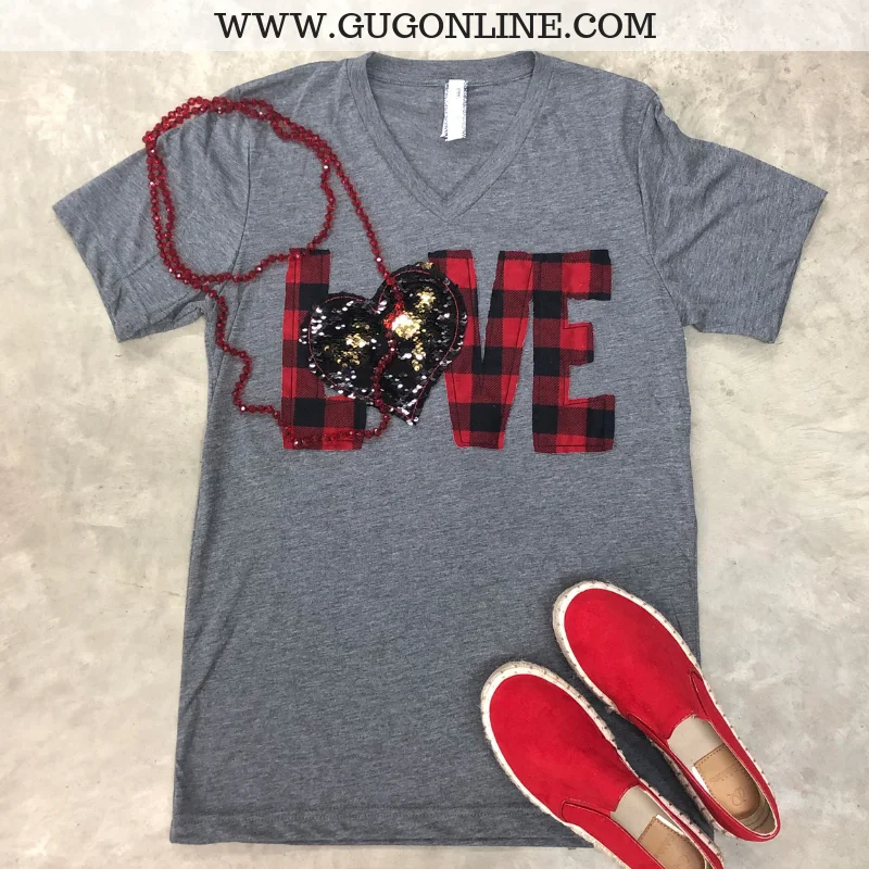 Women's Trapeze T-Shirts-Last Chance Size Small | When Love Sparkles Buffalo Plaid Short Sleeve Tee with Sequin Heart in Heather Grey