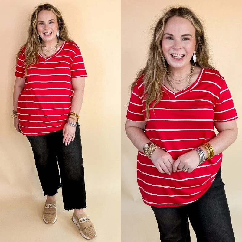 Women's Puff Sleeve T-Shirts-Keep Things Casual Striped V Neck Tee in Red