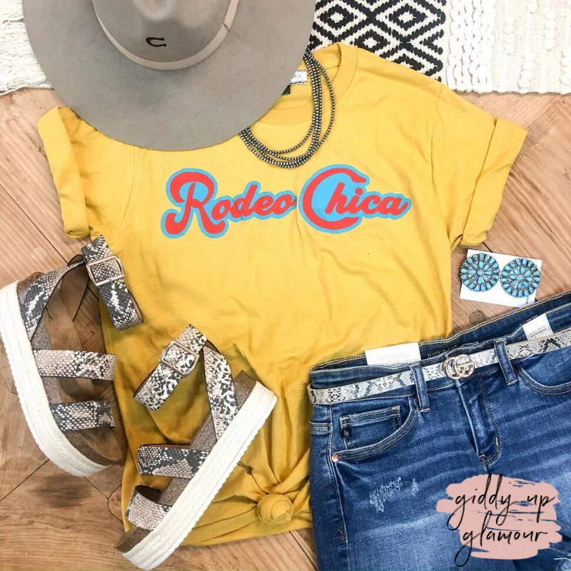 Women's Slit Sleeve T-Shirts-Rodeo Chica Vintage Graphic Tee in Mustard Yellow