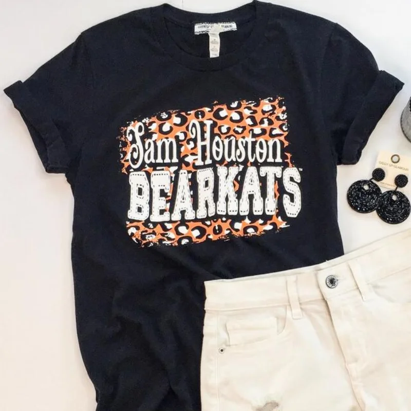 Women's Lace T-Shirts-Bearkat Game Day | Sam Houston Bearkats on Leopard Print Background Logo Short Sleeve Tee Shirt in Black