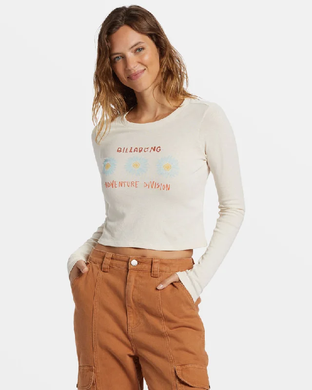 Women's Motivational T-Shirts-Billabong Cabin Mate Crew L/S Tee-White Cap