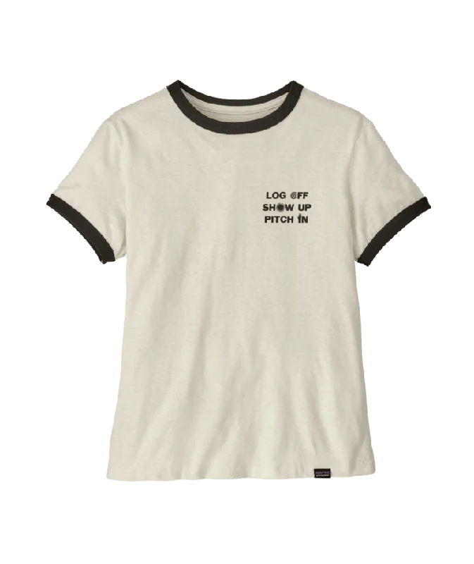 Women's Studded T-Shirts-Patagonia CTA Ringer Responsibili-Tee-Log Off: Birch White