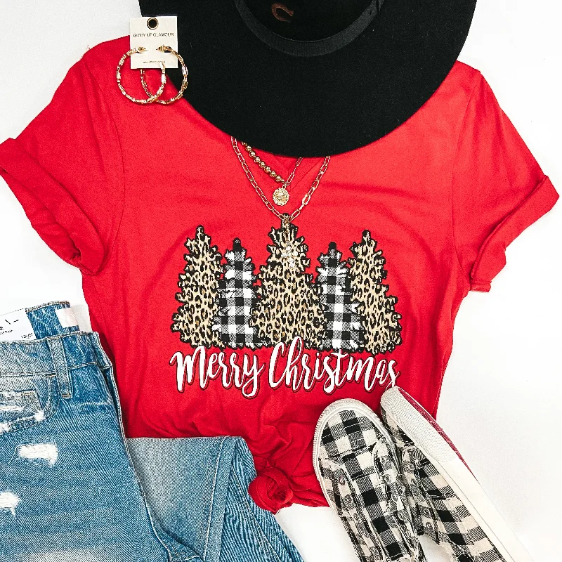 Women's Geometric Print T-Shirts-Last Chance Size Small | Merry Christmas Leopard and Buffalo Plaid Christmas Trees Short Sleeve Graphic Tee in Red