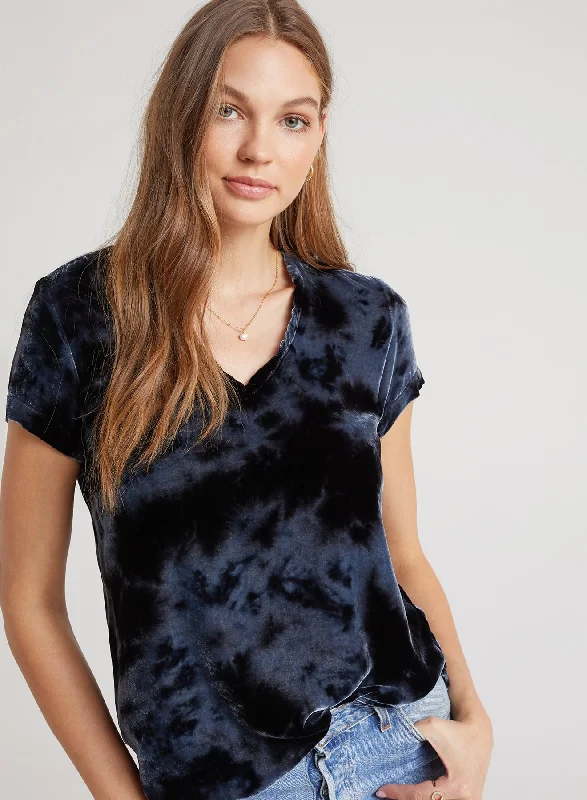 Women's High-Low Hem T-Shirts-Velvet V-Neck Tee -  Black Crystal