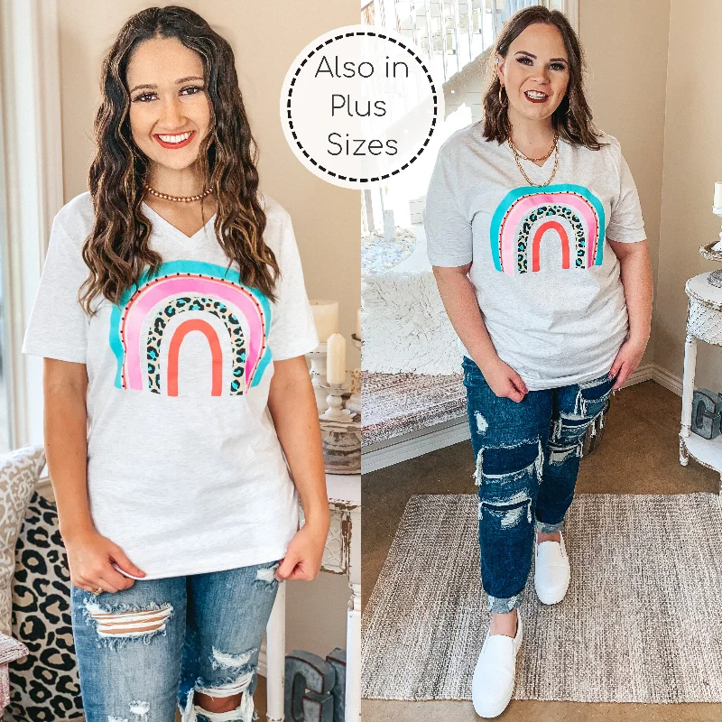 Women's Relaxed Fit T-Shirts-Last Chance Size Small & Large | Over The Rainbow Multi Color and Leopard Rainbow Graphic Tee in Heather Grey