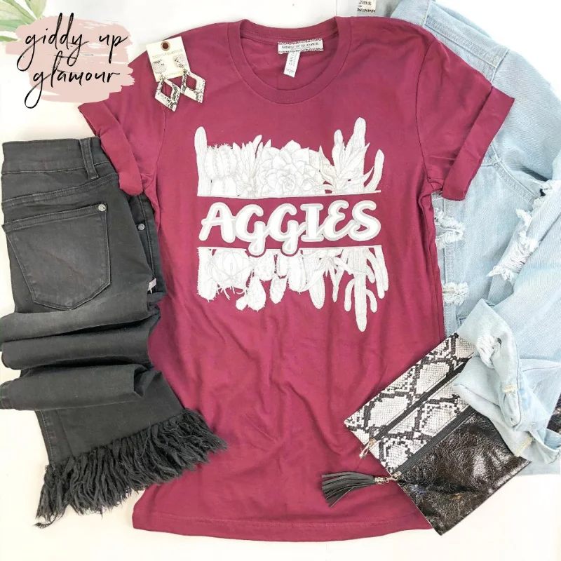 Women's Square Neck T-Shirts-Last Chance Size 3XL | Aggie Game Day | Aggies in Cursive with Cactus Short Sleeve Tee Shirt in Maroon