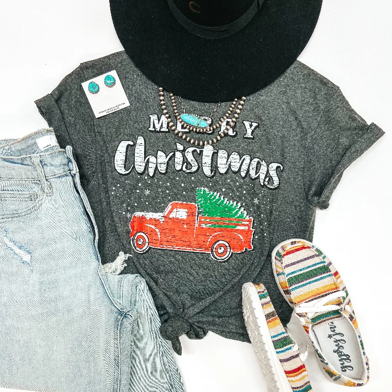 Women's Glitter T-Shirts-Last Chance Size Small & Large | Merry Christmas Pick Up Truck Short Sleeve Graphic Tee in Charcoal Heather Grey