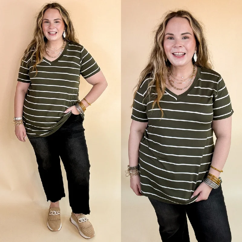 Women's Lurex T-Shirts-Last Chance Size Small & Medium | Keep Things Casual Striped V Neck Tee in Olive Green