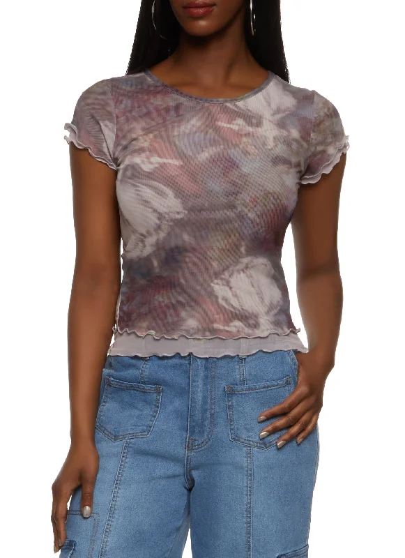 Women's Distressed T-Shirts-Double Layer Printed Mesh Lettuce Hem Tee