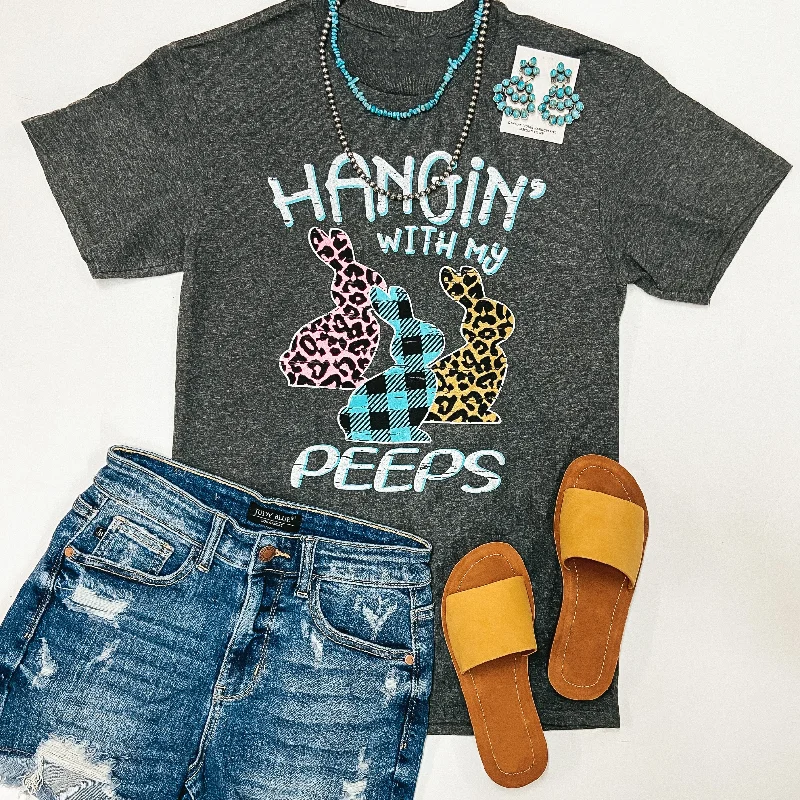 Women's Lightweight T-Shirts-Hangin' With My Peeps Mixed Print Easter Graphic Tee in Charcoal Grey