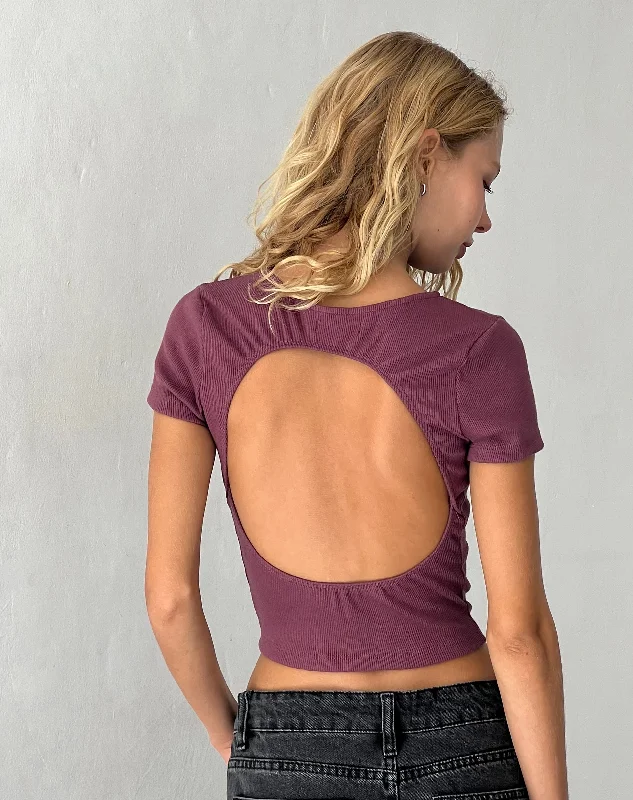 Women's Boho T-Shirts-Elyto Ribbed Open Back Tee in Mauve