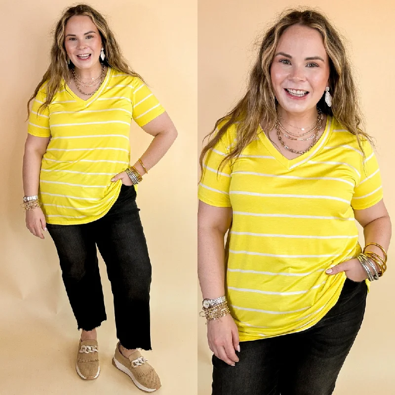 Women's Mock Turtleneck T-Shirts-Keep Things Casual Striped V Neck Tee in Yellow