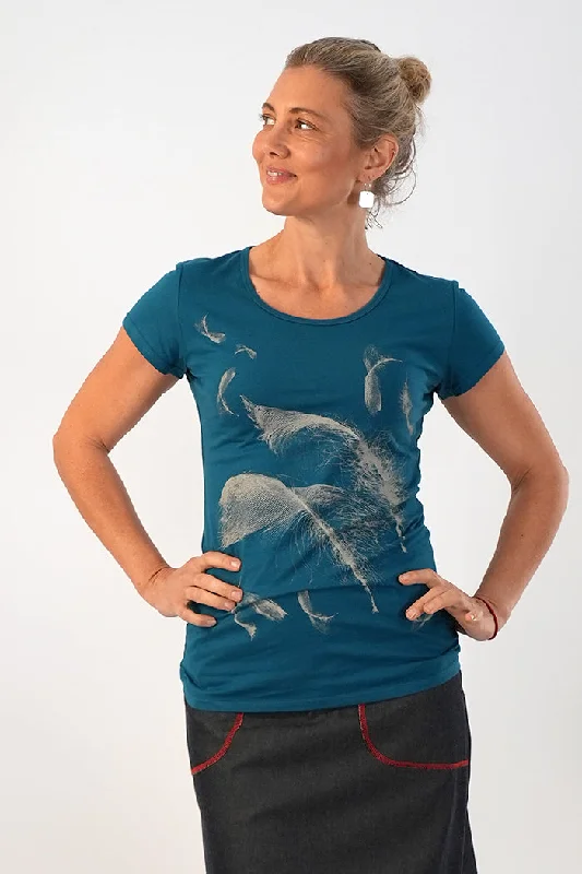 Women's Yoga T-Shirts-Fitted Tee Feather Turquoise/Taupe