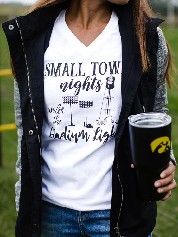 Women's Leopard Print T-Shirts-Small town nights under the stadium lights vneck graphic tee