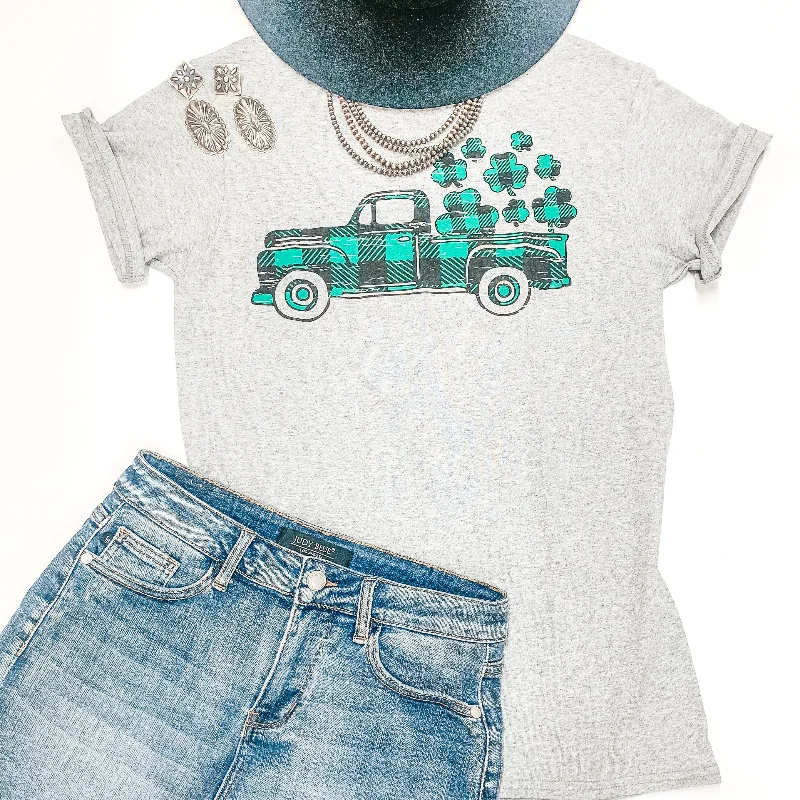 Women's Peplum Hem T-Shirts-Take My Luck For A Ride Buffalo Plaid Pickup Truck with Clovers Graphic Tee in Heather Grey