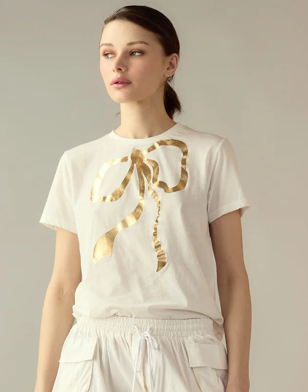 Women's Button Detail T-Shirts-Metallic Bow Tee