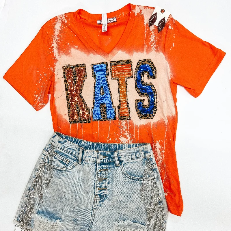 Women's Layering T-Shirts-Bearkat Game Day | Kats Mix Print Patch Tee with Bleach Distressing in Orange