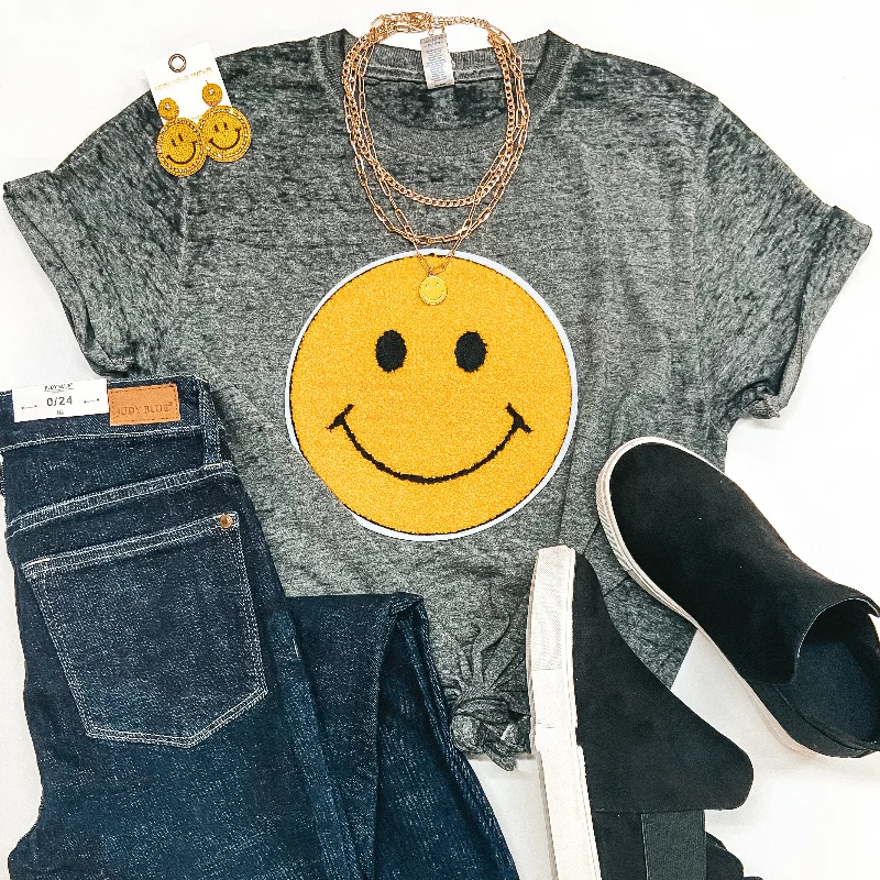 Women's Mesh T-Shirts-A Smile A Day Fuzzy Happy Face Short Sleeve Graphic Tee in Grey Acid Wash