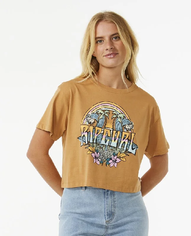 Women's Sweetheart Neck T-Shirts-Rip Curl Block Party Crop Tee-Light Brown