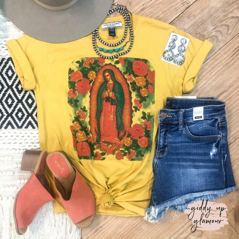 Women's Smocked T-Shirts-Lady of Guadalupe Floral Graphic Tee with Crystals in Mustard Yellow