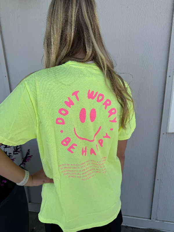 Women's Beaded T-Shirts-DON'T WORRY BE HAPPY GRAPHIC TEE